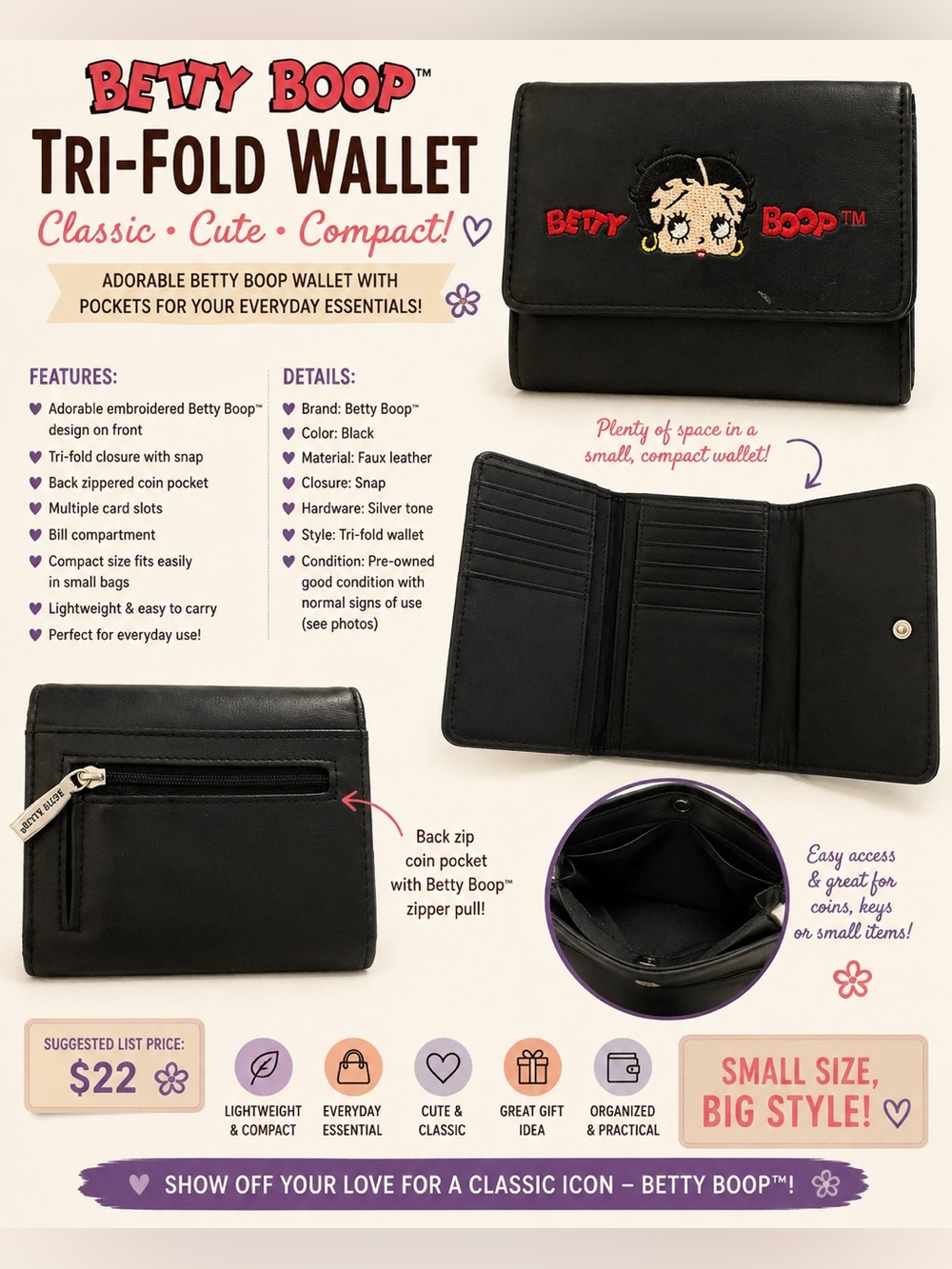 Betty Boop Black Tri-Fold Wallet – Embroidered Logo